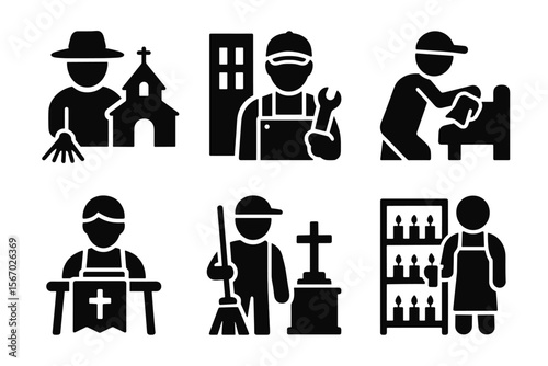 Diverse occupations in religion and maintenance symbol icons vector icon isolated illustration