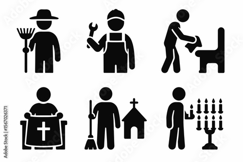 Icon set of occupations and activities including farmer, mechanic, cleaner, worshiper vector icon isolated illustration