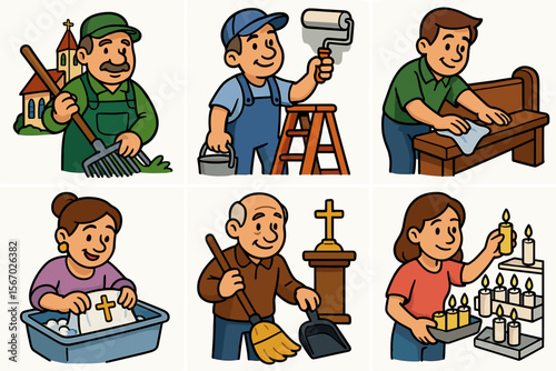 Cartoon characters engaged in church volunteer activities vector icon isolated illustration