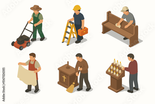 Isometric workers: diverse occupations and tasks in everyday work settings vector icon isolated illustration