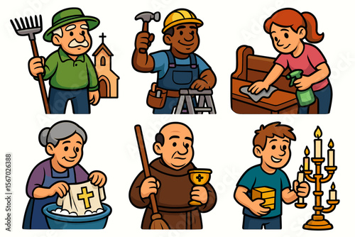 Cartoon characters performing various tasks - diverse genders and races, different ages vector icon isolated illustration