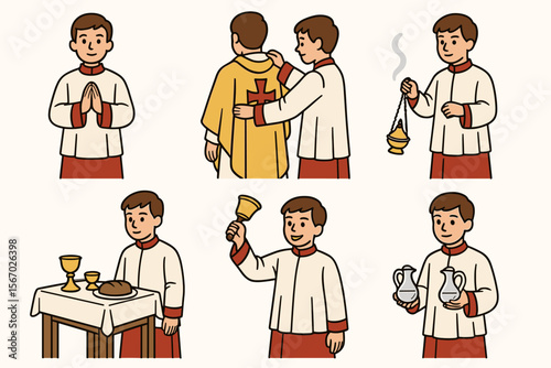 Young caucasian altar servers in church rituals and duties vector icon isolated illustration