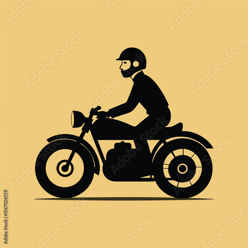 Side-view silhouette of vintage motorcycle with rider wearing helmet, classic bike vector illustration, retro motorbike design, biker icon
