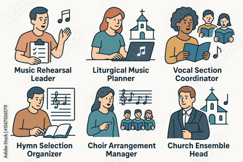 Church music team roles illustration with diverse members and musical elements vector icon isolated illustration