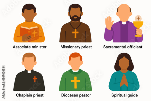 Illustrated diverse clergy members with religious symbols vector icon isolated illustration