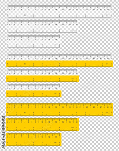 Flat design vector set of plastic rulers in transparent, half yellow, and solid yellow styles. Available in 15, 20, and 30 cm.