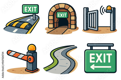 Cartoon exit signs and barriers with roads and gates vector icon isolated illustration