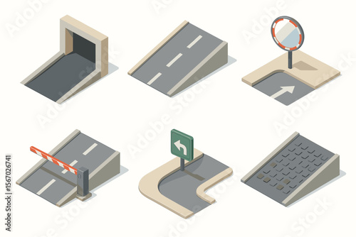 Isometric road elements collection with signs and barriers vector icon isolated illustration