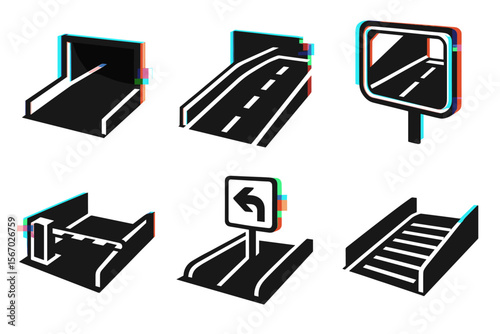 Isometric road icons with 3d effect: tunnel, highway, sign, overpass, parking, staircase vector icon isolated illustration