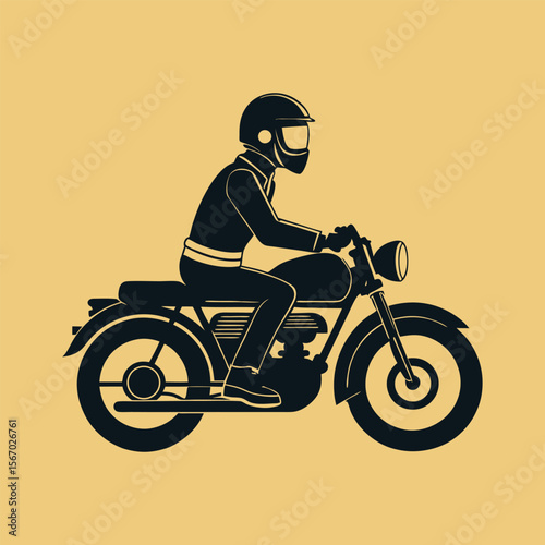 Side-view silhouette of vintage motorcycle with rider wearing helmet, classic bike vector illustration, retro motorbike design, biker icon
