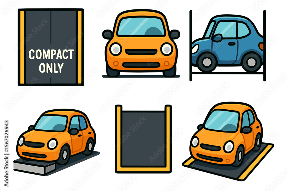 Obraz premium Cartoon compact cars in parking spaces - colorful vehicle illustrations vector icon isolated illustration