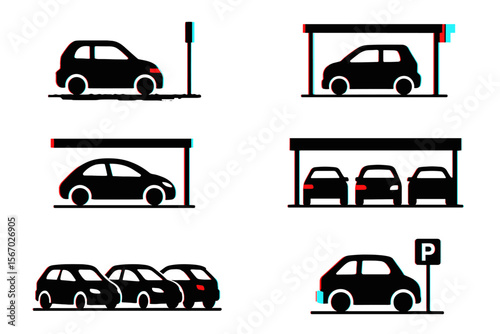 Car icon set: parking, garage, compact vehicles in black silhouette vector icon isolated illustration