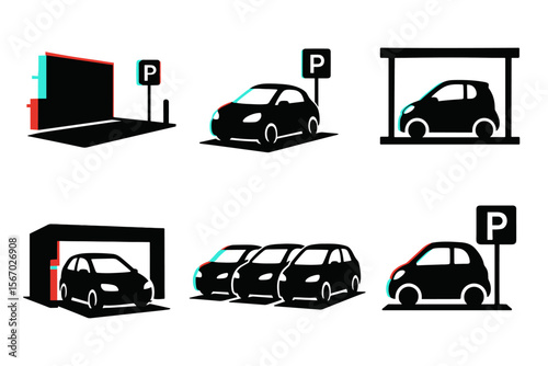 Parking lot silhouettes with cars and signs vector icon isolated illustration
