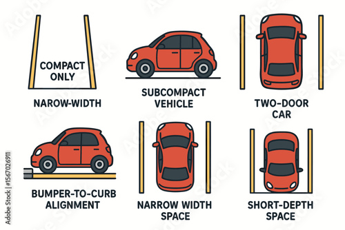 Red subcompact car parking infographic: compact spaces and narrow alignments vector icon isolated illustration