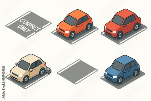 Isometric compact cars in parking spaces including "compact only" zone vector icon isolated illustration