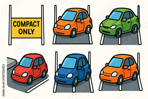 Compact cars in small parking spaces with colorful vehicles vector icon isolated illustration