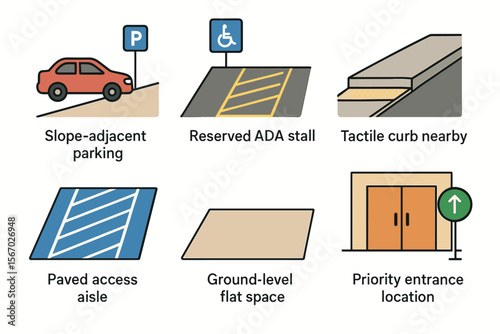 Accessible parking and entrance icons for disability-friendly design vector icon isolated illustration