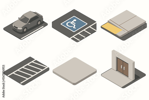 Isometric parking elements set with handicap and car illustrations vector icon isolated illustration