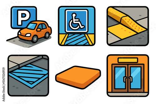 Accessibility symbols: parking, wheelchair, ramp, tactile paving, entrance vector icon isolated illustration