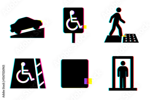 Accessibility icons with wheelchair, pedestrian, and elevation symbols vector icon isolated illustration