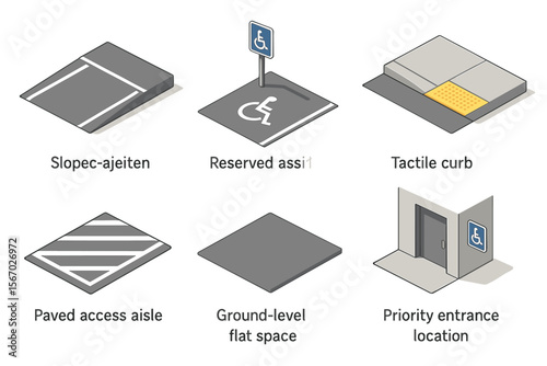 Accessibility features: ramps, reserved spots, tactile curbs, and entrances vector icon isolated illustration