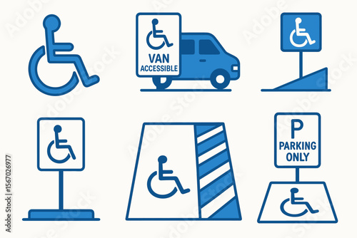 Accessible parking symbols and signs for disabled access awareness vector icon isolated illustration