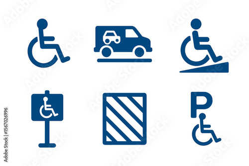 Blue accessibility symbols for parking and transportation vector icon isolated illustration