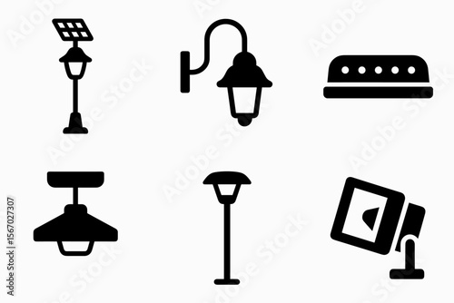 Set of six black silhouette icons of various street lamps and outdoor lights vector icon isolated illustration
