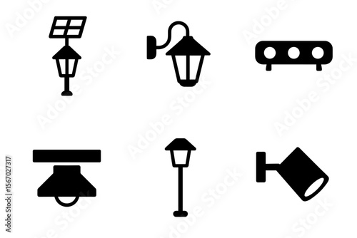 Set of black silhouettes of various outdoor street and garden lamps vector icon isolated illustration