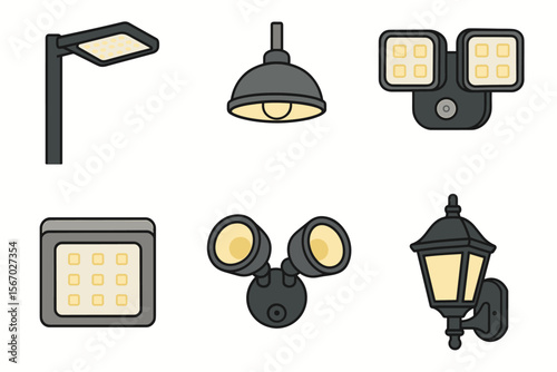 Illustration of diverse outdoor light fixtures: modern and classic designs vector icon isolated illustration