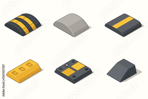 Collection of isometric speed bumps and traffic control devices vector icon isolated illustration