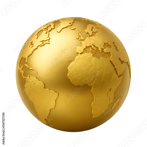 Golden Earth Globe with Detailed Continents on Transparent Background