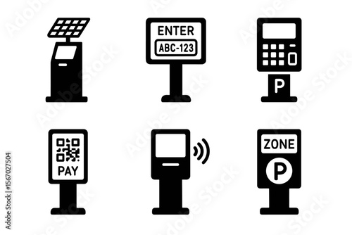 Parking payment and entry kiosk icons set in black and white vector icon isolated illustration