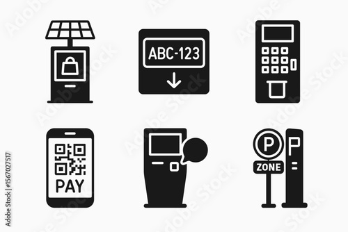 Digital parking solutions icons: solar, qr, ticket, payment, parking zone symbols vector icon isolated illustration