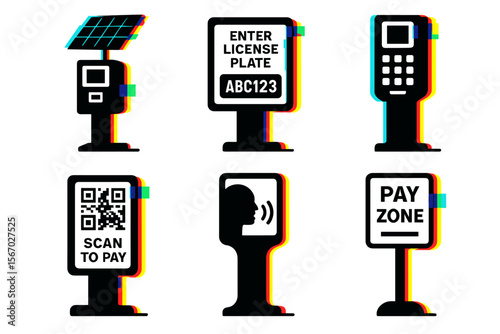 Assorted parking station signage: solar, license plate, payment icons vector icon isolated illustration