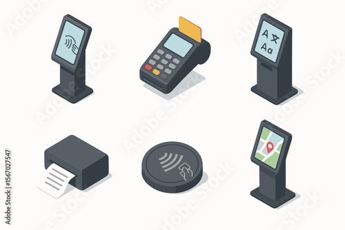 Digital payment and information icons: nfc, pos terminal, language options vector icon isolated illustration