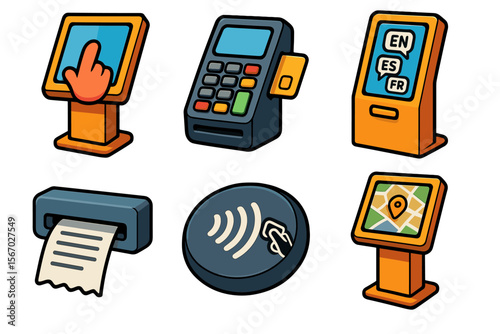 Illustrated payment and information kiosks with touchscreen and nfc technology vector icon isolated illustration