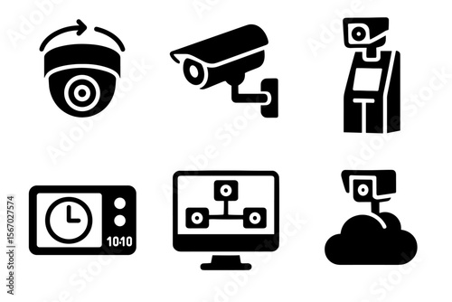 Surveillance icons: cctv, security camera, digital monitoring, cloud storage vector icon isolated illustration