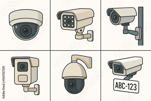 Variety of surveillance cameras in different designs and styles vector icon isolated illustration