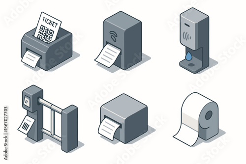 Isometric icons of ticket printer, receipt machine, sanitizer, turnstile, thermal printer, toilet paper vector icon isolated illustration