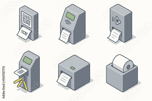 Isometric ticket machines and printers icons set with qr code and contactless features vector icon isolated illustration
