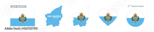 san marino flag and map set. san marino flag in official colors and proportions. independence day 3 september , map, circle and heart shaped san marino