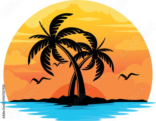 sunset logo beach palm trees coconut vector isloated on a white background