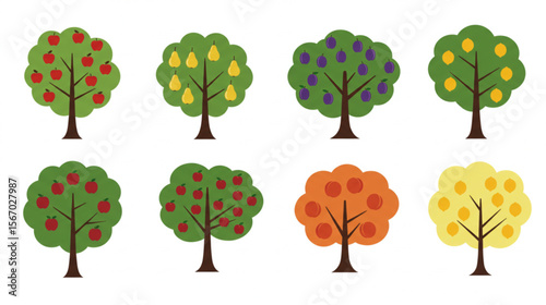 Fruity orchard with colorful trees showcasing apples, pears, plums, lemons, and peaches in a flat design.