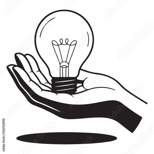 A stylized black and white illustration of an open hand holding a classic incandescent light bulb symbolizing ideas and creativity