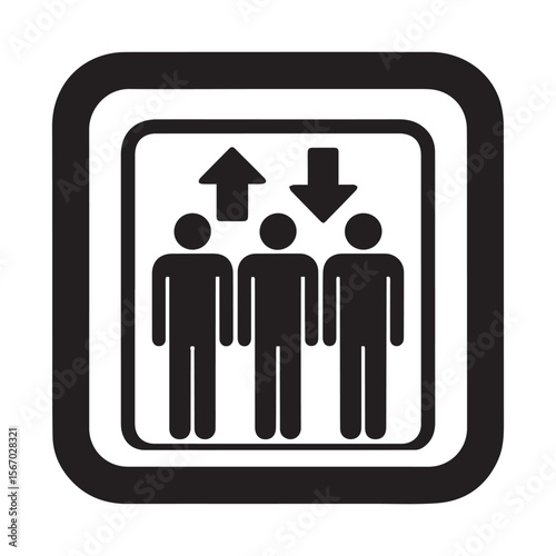 Simple black and white icon representing people in an elevator with arrows indicating upward and downward movement