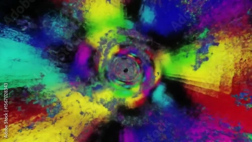 Abstract colorful vortex tunnel animation with swirling paint and particles background