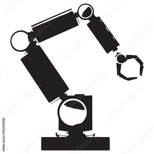 Stylized black silhouette of a robotic arm with a gripper on a white background representing automation and industry