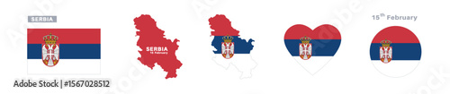 serbia flag and map set. serbia flag in official colors and proportions. independence day 15 february , map, circle and heart shaped serbia 
