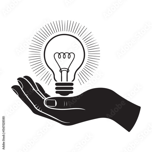 A stylized black silhouette of an open hand gently holding a glowing light bulb symbolizing a brilliant idea or innovation